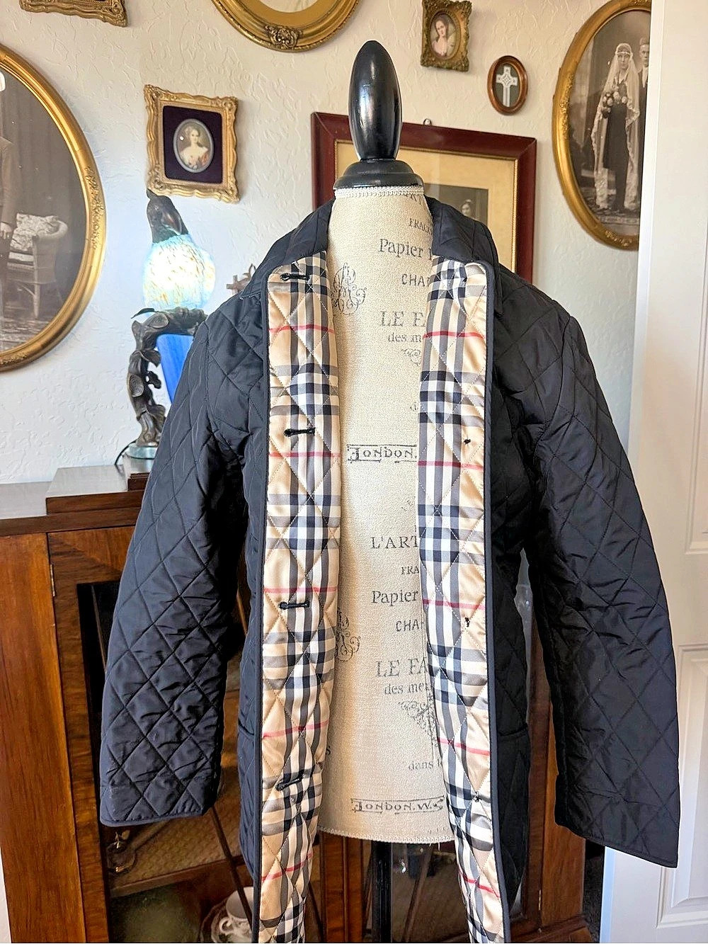 Burberry Quilted Plaid-Lined Jacket in Black & Beige